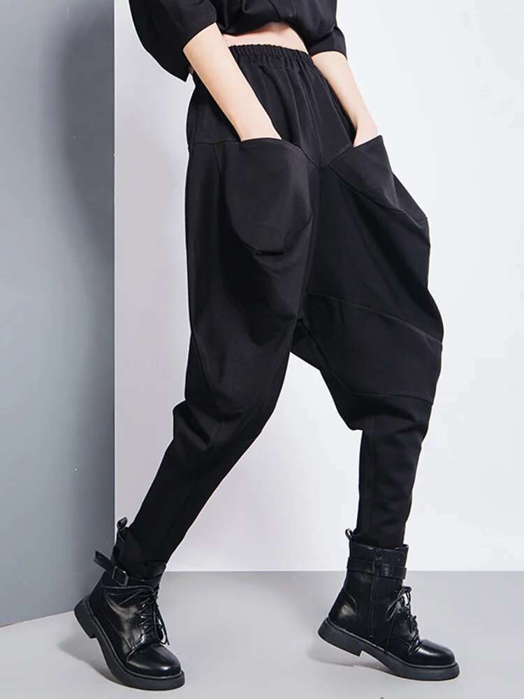 EAM Big Pockets Spliced Irregular High Waist Harem Trousers New Loose Fit Pants Women Fashion Tide Spring Autumn 2024 1Dd2684