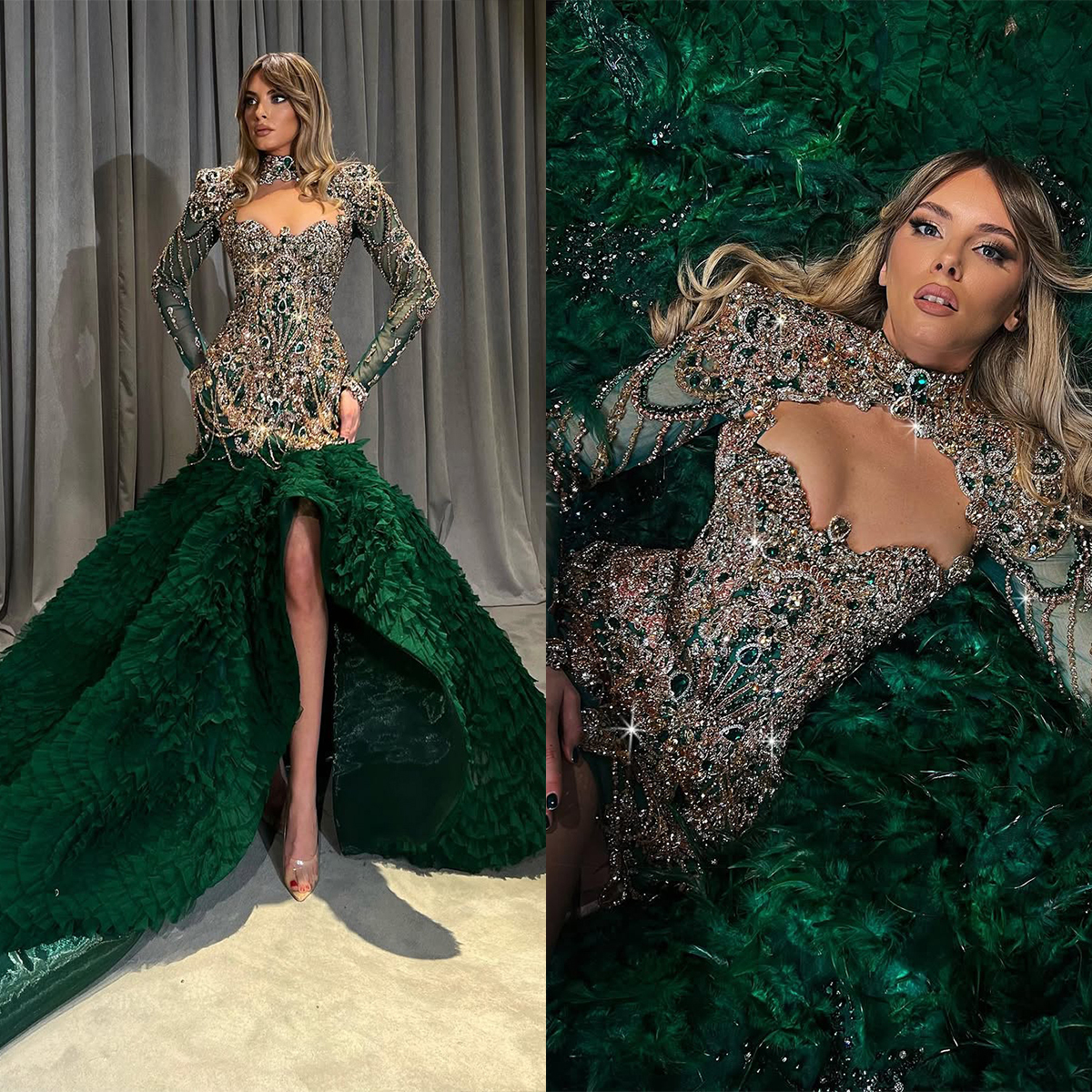 Vintage Feather Evening Dresses High Neck Prom Gowns Detachable Train Beading Crystal Customized Rhinestone Formal Occasion Party Dress Vestidos De No