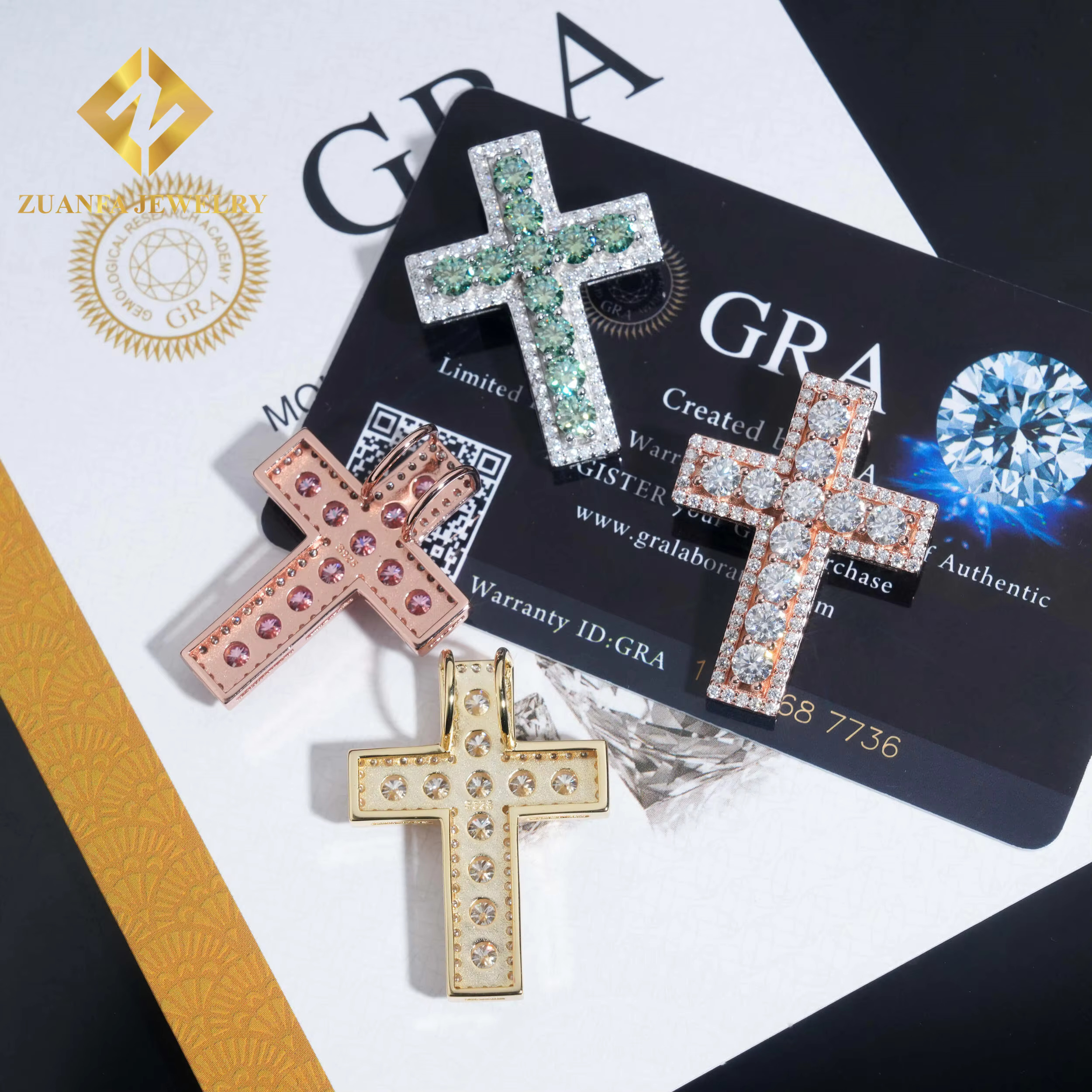 Hot Sale RTS Colorful Moissanite Cross Pendant 925 Sterling Silver Gold Plated Pass Diamond Tester Moissanite Pendant