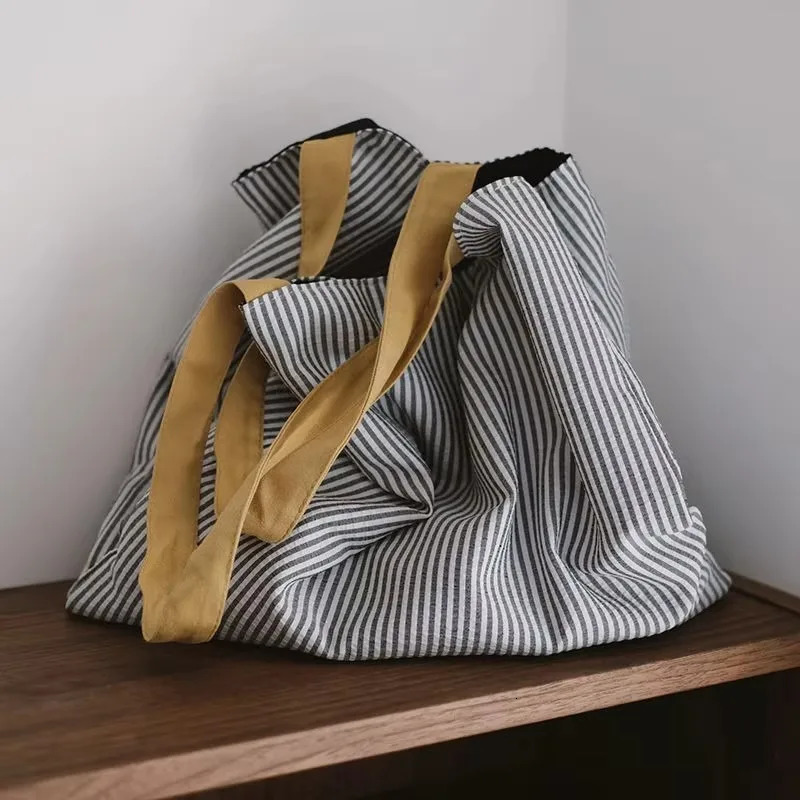 Practical Large-capacity Canvas Bag Double-layer Fashion Handbag Simple Striped Shoulder Bag Foldable Travel Tote Bags 250311
