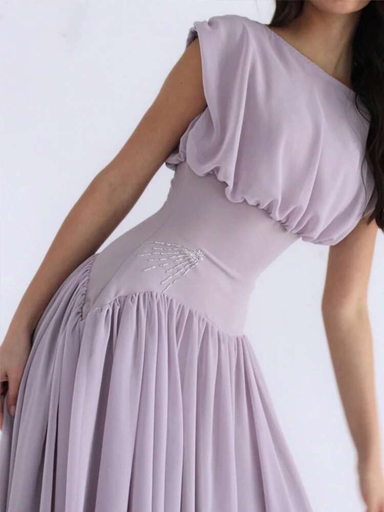 Elegant Pleated Big Swing Dress Women V-Neck Long Sleeve Belts High Waist Evening Gown Dresses Female 2025 Spring Chic Robe