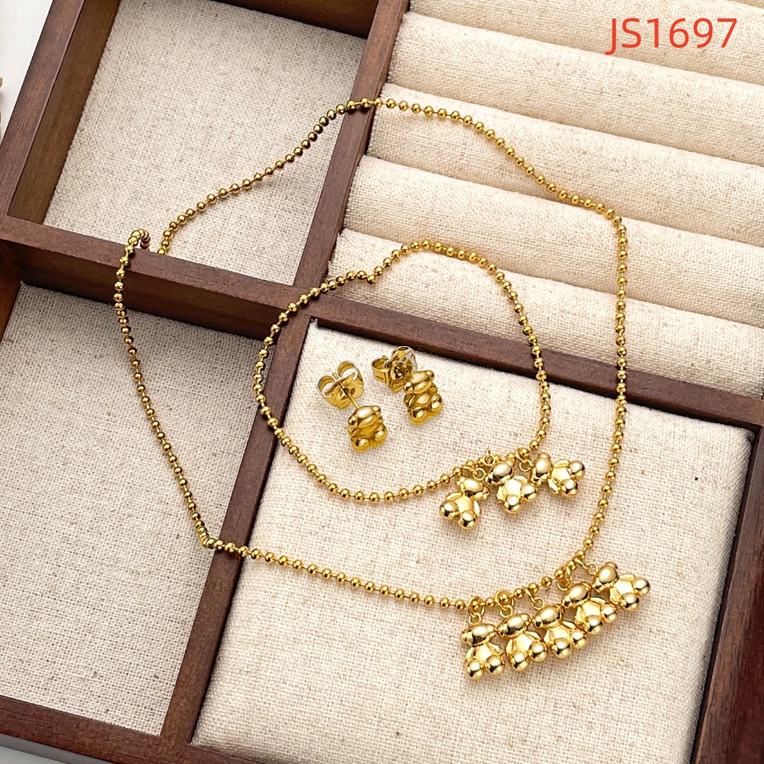 Fashion Women Men Silver Gold Stainless Steel Bear White Pearl Cartoon Animal Span Bracelet Chain Pendant Bracelet Necklace Earrings Sets Jewelry