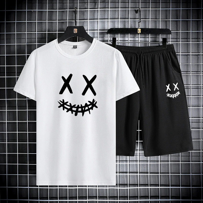 Mens summer sports suit round neck short sleeved T-shirt five quarter shorts slim fit fashion two-piece set mens clothing 250310