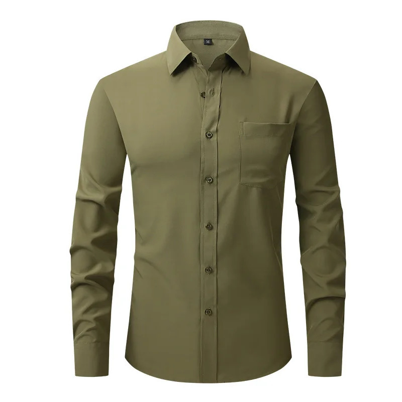 Solid color mens long sleeved shirt single-layer square neckline small elastic shirt suitable for weddings/business/offices 250314