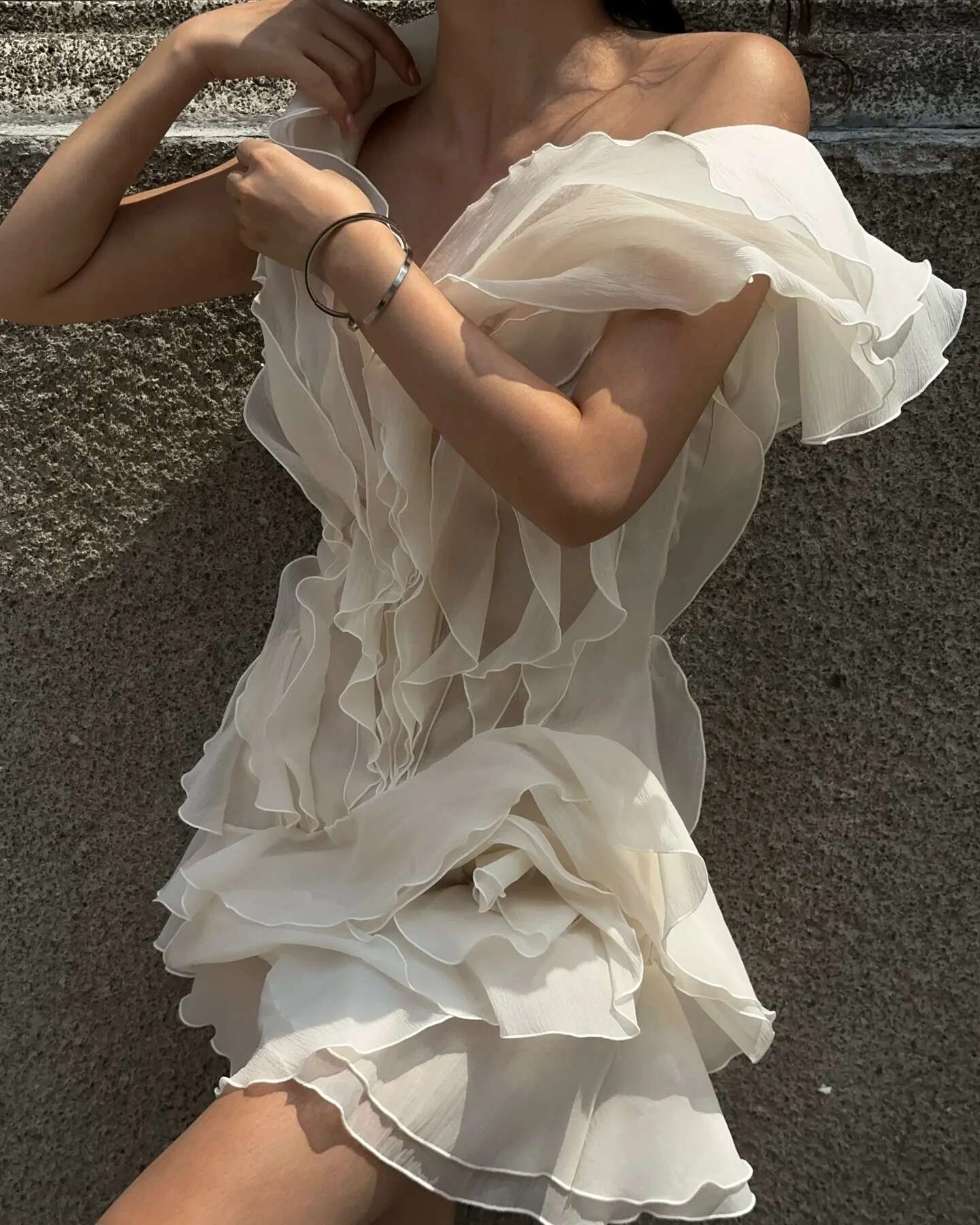 VGH Sweet Ruffles Off Theshoulder Party Dresses For Women Slash Neck Sleeve Backless High Waist Slim Short Dress Female
