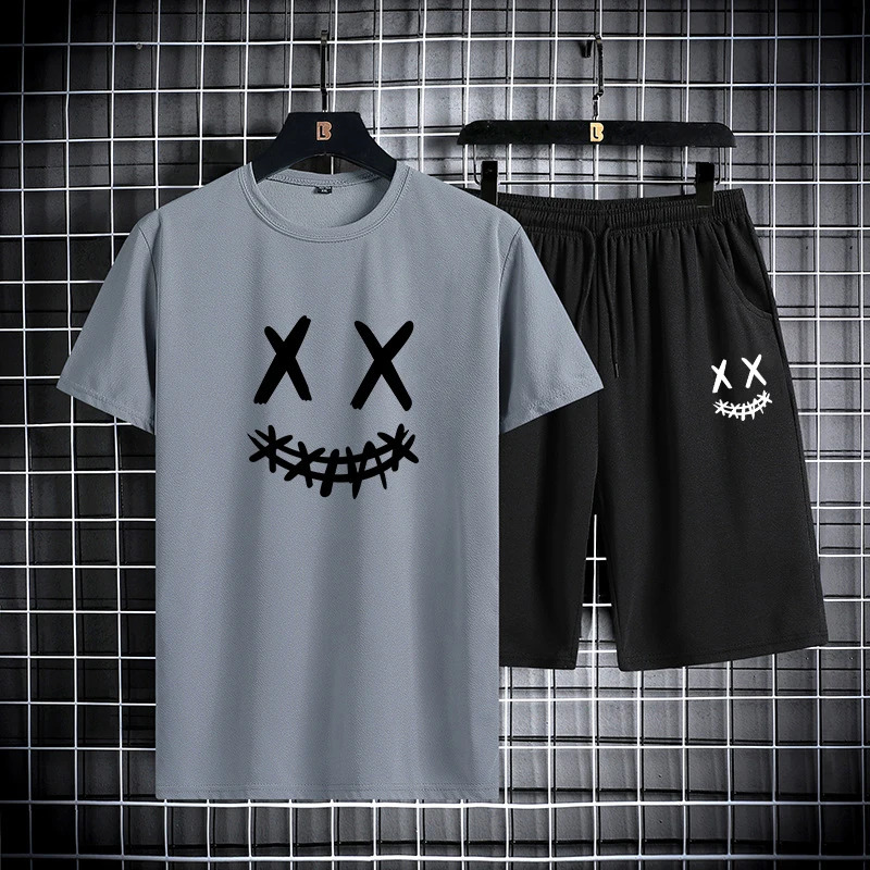Mens summer sports suit round neck short sleeved T-shirt five quarter shorts slim fit fashion two-piece set mens clothing 250310