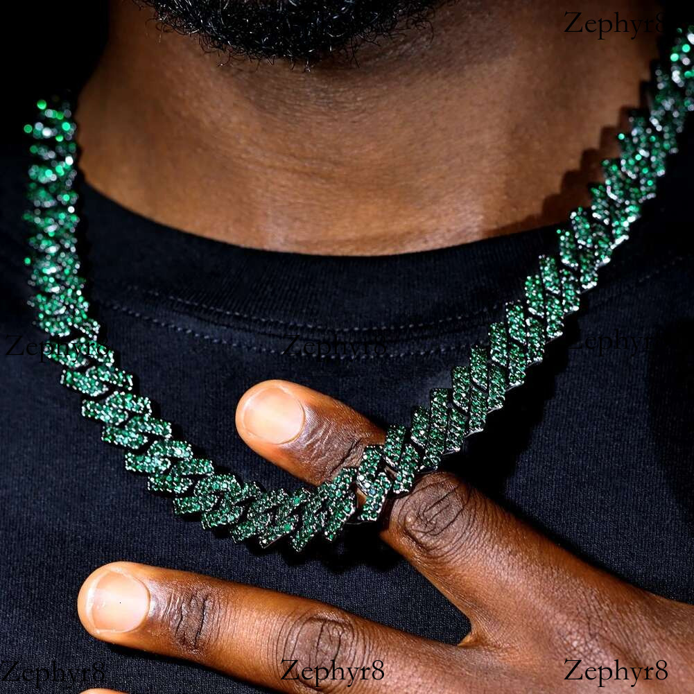 Punk Hip Hop Green Rhies Paved k for Men Iced Out Chain 14mm Miami Rhombus Cuban Necklace Jewelry
