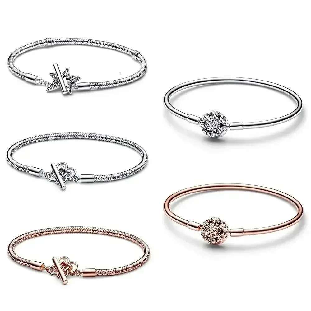 New 925 Sterling Silver Pretty Moments Asymmetric Star T-Bar Snake Chain Bracelet Sparking Snowflake Clasp Bangle For Gifts