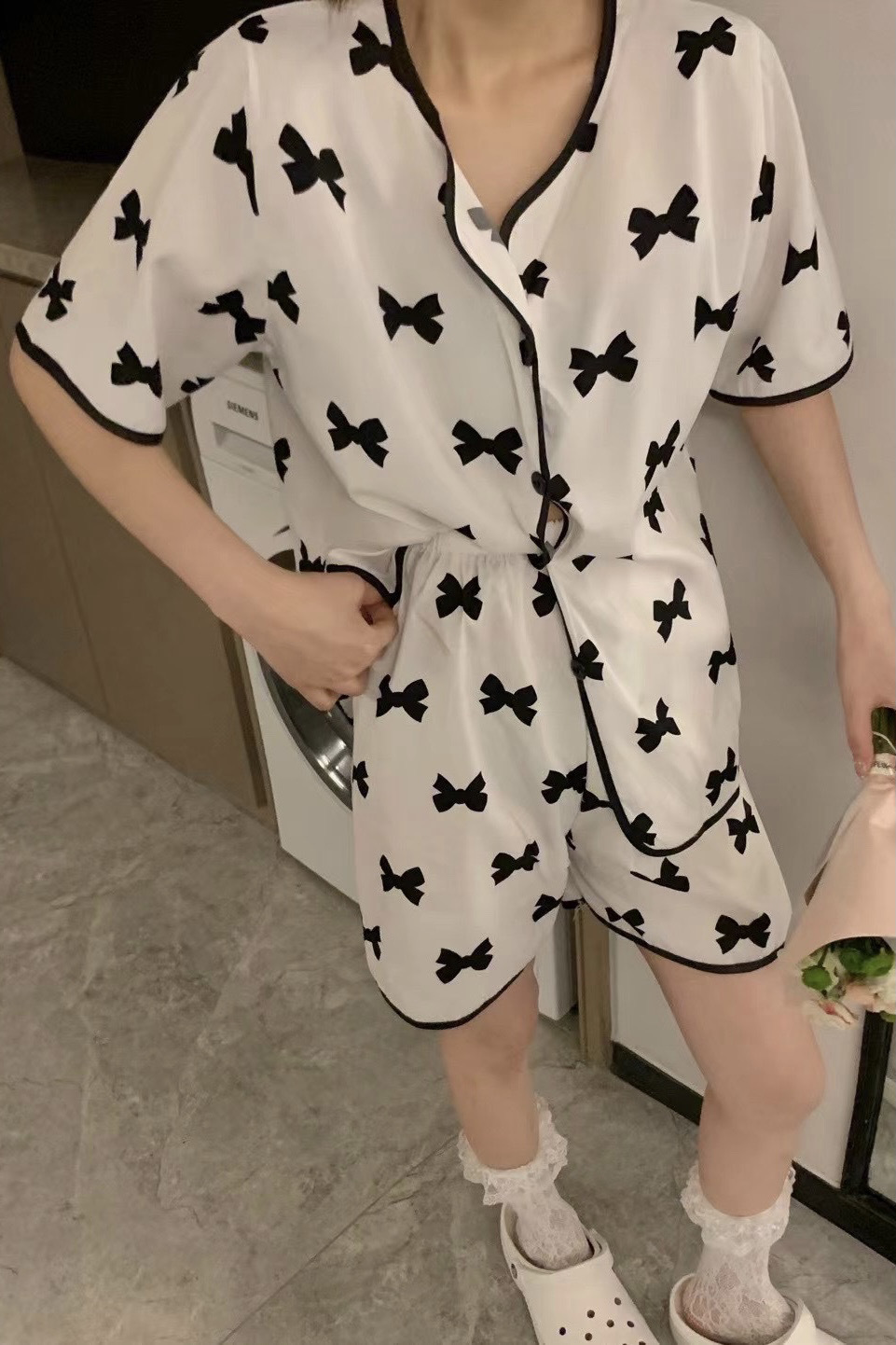 B782-Cute Bowknot House Clothes Short Sleeve Two-piece Thin Ice Silk Pajamas for Women
