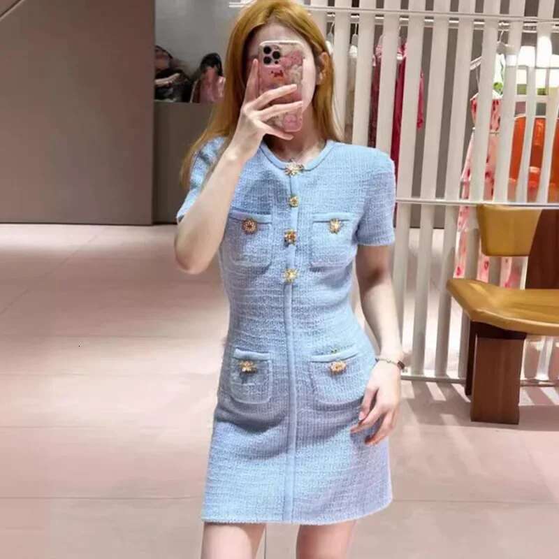 2024 Autumn Women Fall Light Blue Button Slim Fit Knit Office Ladies Elegant Mini Dress