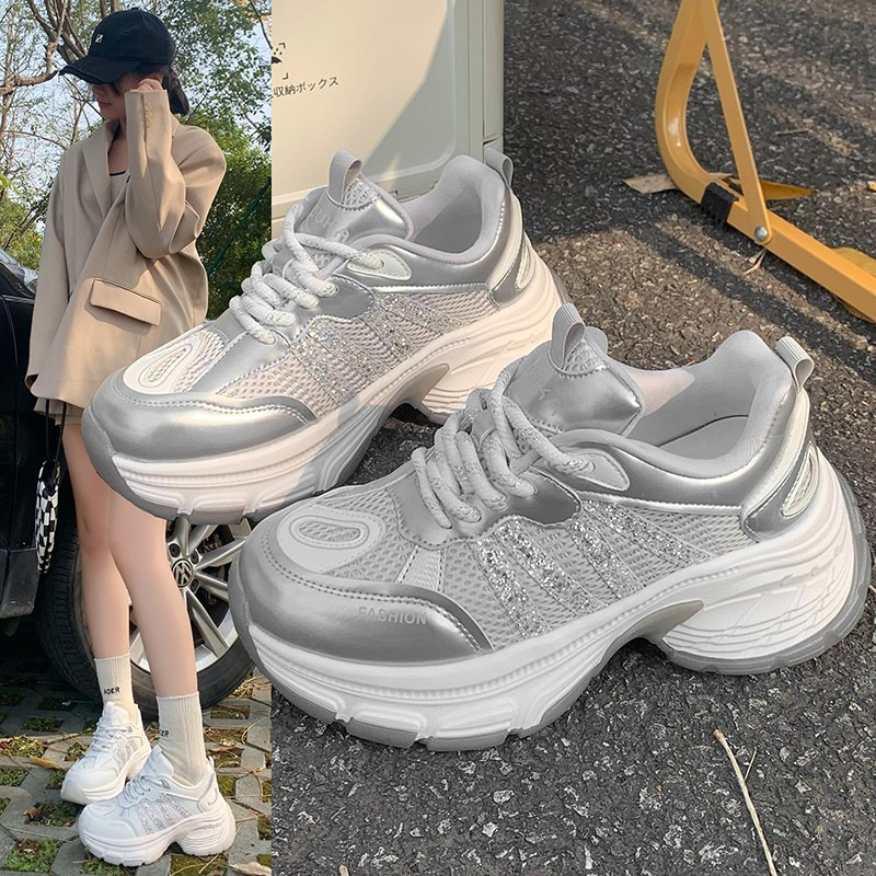 European genuine leather 6cm thick sole dad for women 2025 new mesh breathable height increasing white casual sports shoes ddmypanda