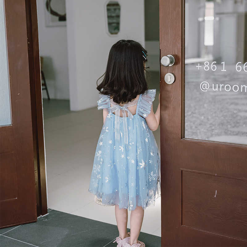 Girl's Dresses 23 Summer New Frozen 2 Elsa Girls Blue Dress Girls Sleeveless Mesh Princess Strap Skirt