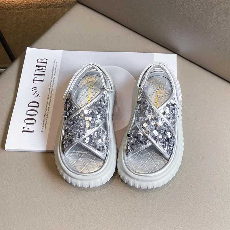 Childrens sandals summer thick soled princess sequin sandals fashionable waist open toe childrens school sandals hook and loopT250315