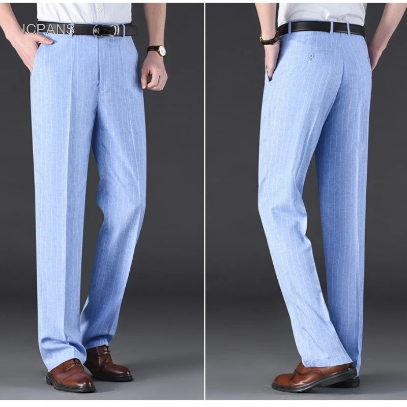 Flat Stretch Suit Pants For Men Striped Thin Summer Straight High Waist Black White Blue Formal Fashion Korea Dress Trousers 250313