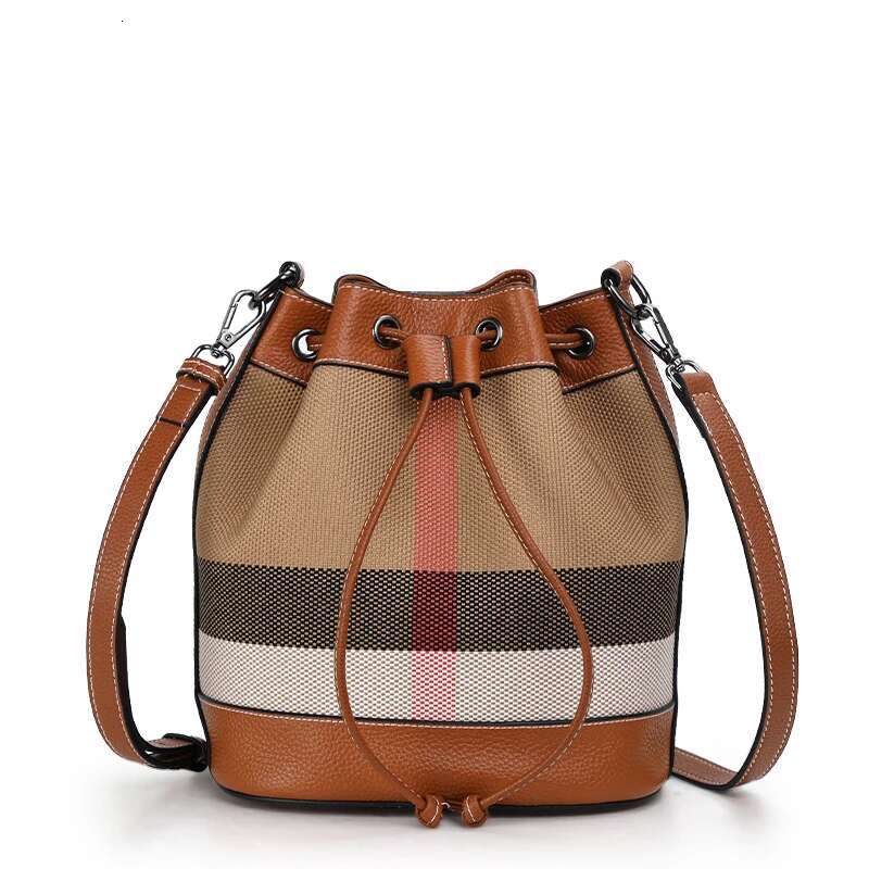 Aidrani Fashion Plaid Canvas With Cowhide Bucket Classic Versatile One Shoulder Crossbody Bag