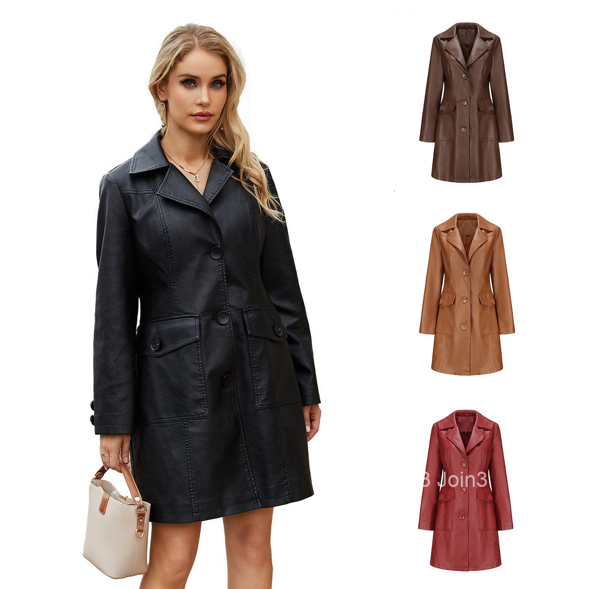 Fashion New Long Style Leather Coat Spring and Autumn Long Sleeve Leather Windbreaker Fashion British Coat Womens Polo Collar Single Breasted Join3