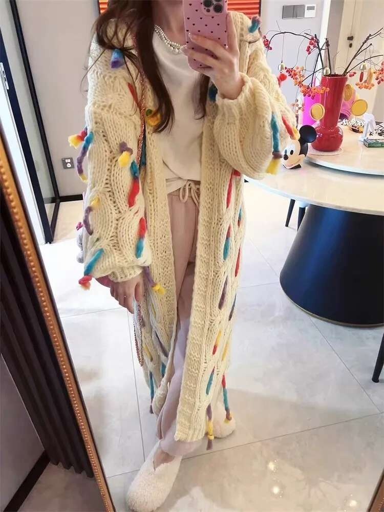 2025 Spring Fall Sweet Handmade Coarse Wool Knitted Long Cardigan 90S Y2k Tassel Embroidered Coat Women's Winter Knitwear C-231