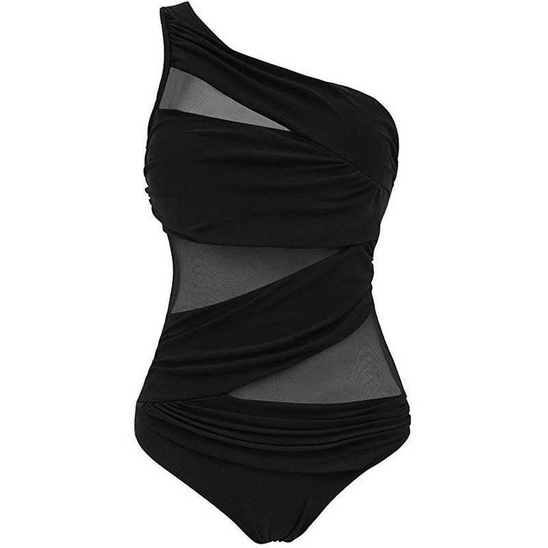 M-3XL 4XL Plus size swimsuit womens one shoulder ultra-thin swimsuit womens mesh pure black red blue push up pad swimsuitXJ250315