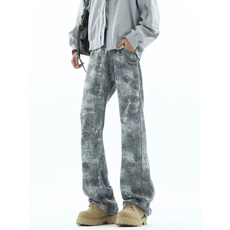 Cyber Y2K Streetwear Tie Dye Grey Slim Jeans Pants For Men 90S Vintage Clothes Straight Hip Hop Long Trousers Mens Clothing 250310