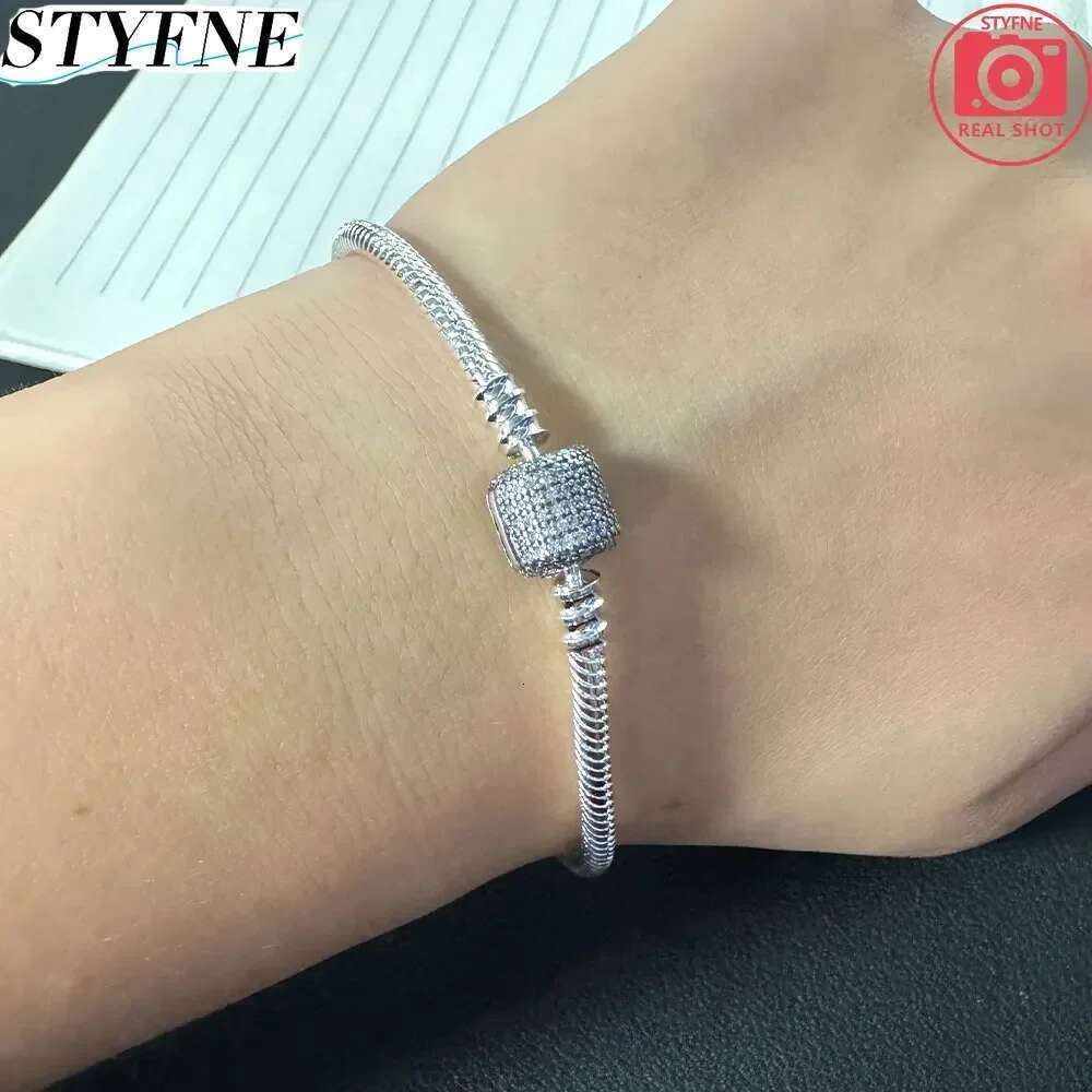 925 Sterling Silver Pave Heart Clip Buckle Zircon Snake Bone Bracelet S925 Snake Bracelets For Women Fit charms beads Diy Jewelry Gift