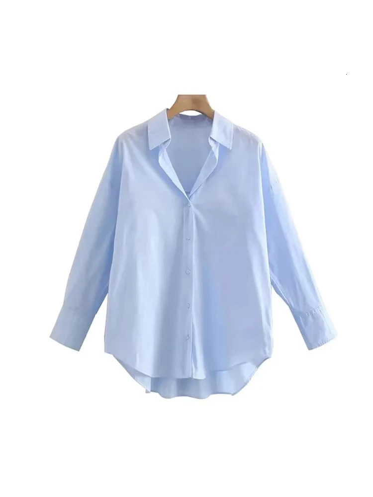 TRZA Women Fashion Office Wear Loose Poplin Solid Shirts Vintage Long Sleeve Button-up Casual Female Blouses Blusas Chic Tops 250310