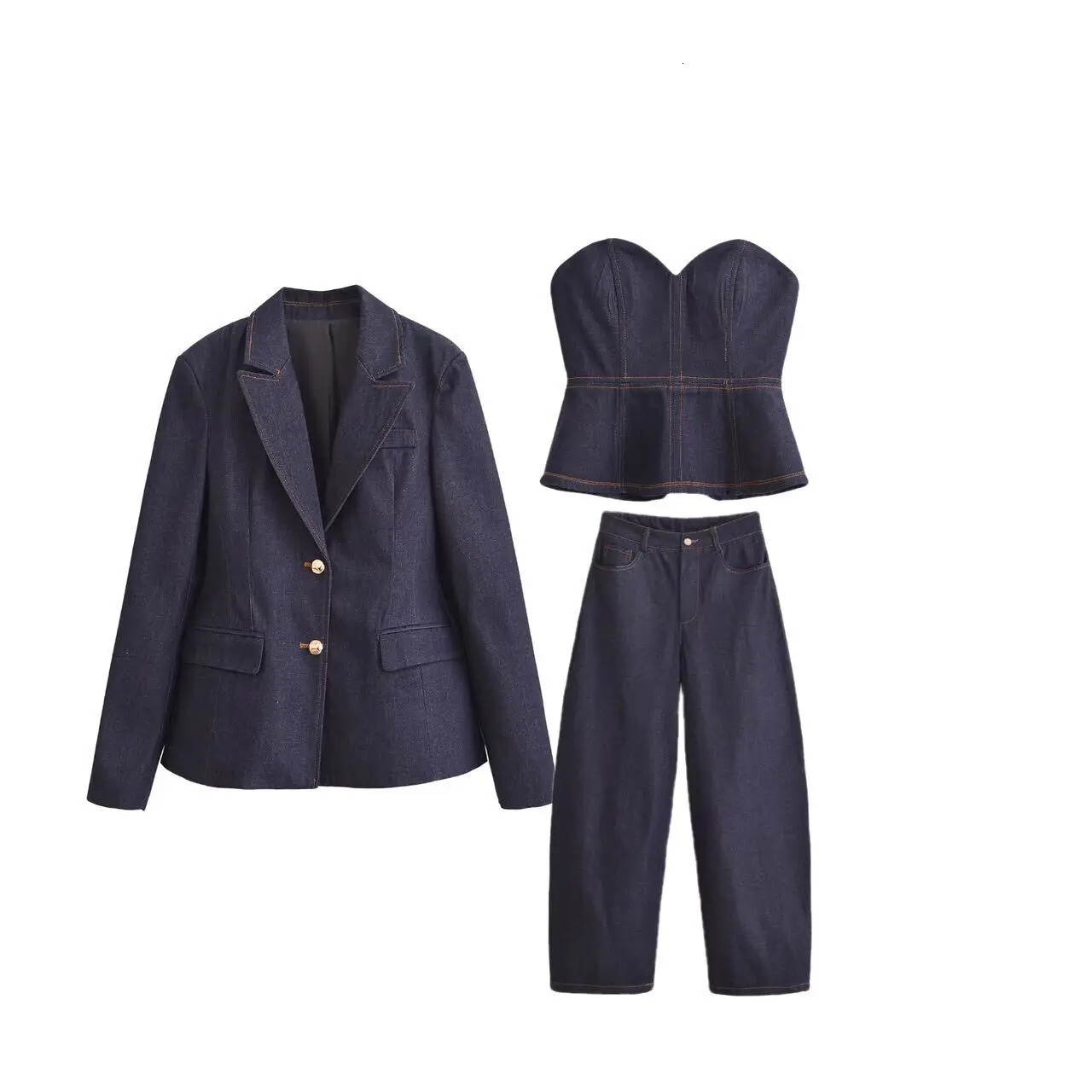 PB ZA fashion womens denim suit long sleeved jacket strapless tight corset top and wide leg jeans stylish appearance 250313