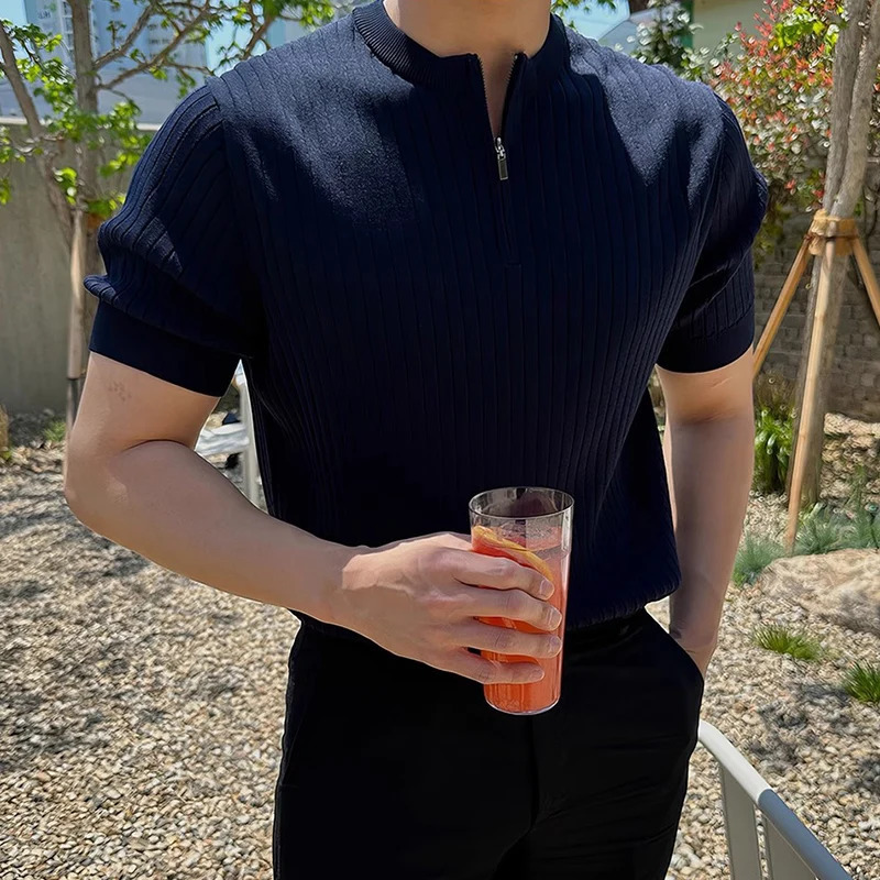Trendy Mens Slim Short Sleeve Knit Tops Spring Summer Fashion Crew Neck Zipper Knitted Tshirts Men Vintage Solid Color Pullover 250312