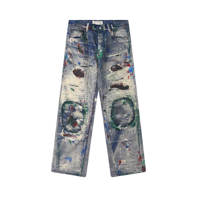 Digital Ink Splattered Ripped Jeans Straight Leg Pants Printed With Heavy-Duty American Style AC Denim Chain
