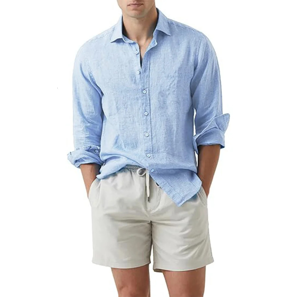 Summer beach cotton linen shirt mens open top long sleeved lapel slim fit large size 250314