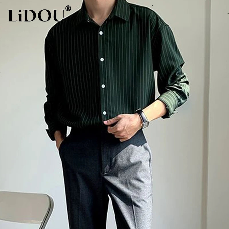 Korean Fashion Autumn Shirts Men Business Casual Neat Capable Hipster Street England Style Elegant Stripe Clothes Top 250314