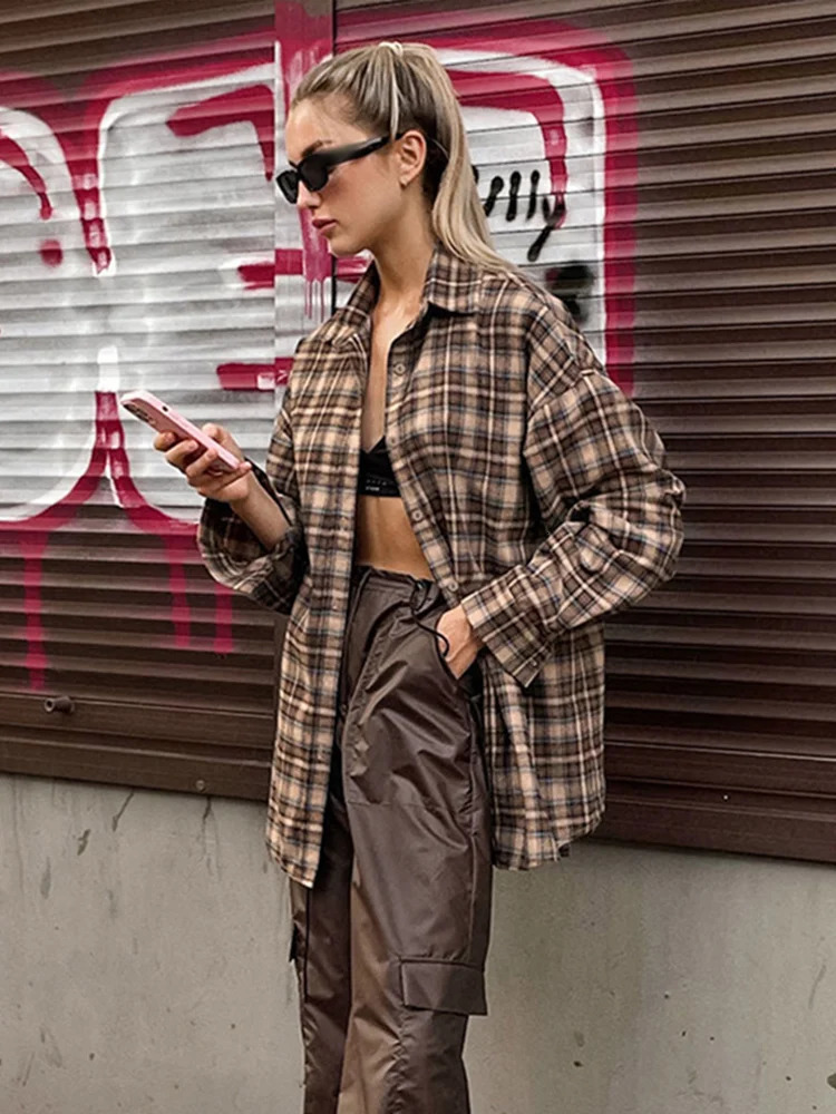 Casual Plaid Shirt Woman Loose 2025 Spring Lapel Buttons Womens Coat Full Sleeve Cozy Vintage Khaki Tops Office Lady Blouses 250310