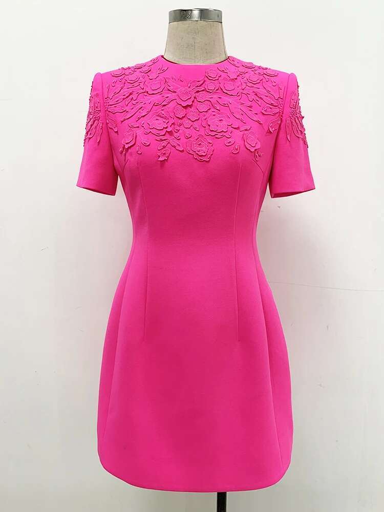 HIGH STREET Newest 2024 Designer Fashion Runway Women's Short Sleeve Stunning Embroidery Beaded Dress Hot Pink