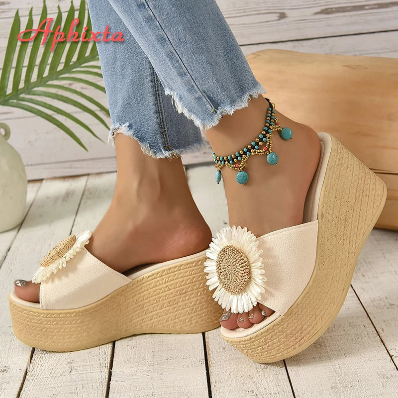 Aphixta Beige Summer 9cm Wedge Heels Slippers Women Bohemian Sunflower Mulers 4cm Platform Sandals Clog Shoe Slides Plus Size 43 250314