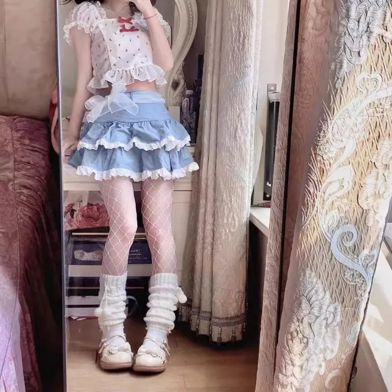 Summer Japanese Y2k Lace Cake Skirt Subculture Girl Demin Pompadour Skirts Layered Ruffle Fluffy Lolita Women Casual Mini 250310
