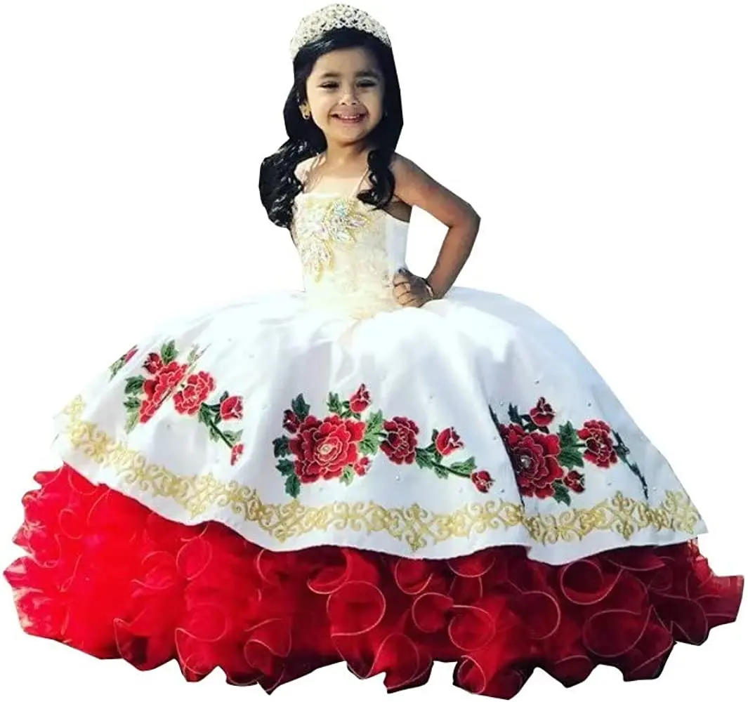 Mexico Embroidery Little Girls Pageant Dresses White And Red Ruffles Tiered Flower Girl Dress Toddler Kids Birthday Party Formal Wear Quinceanera Dres