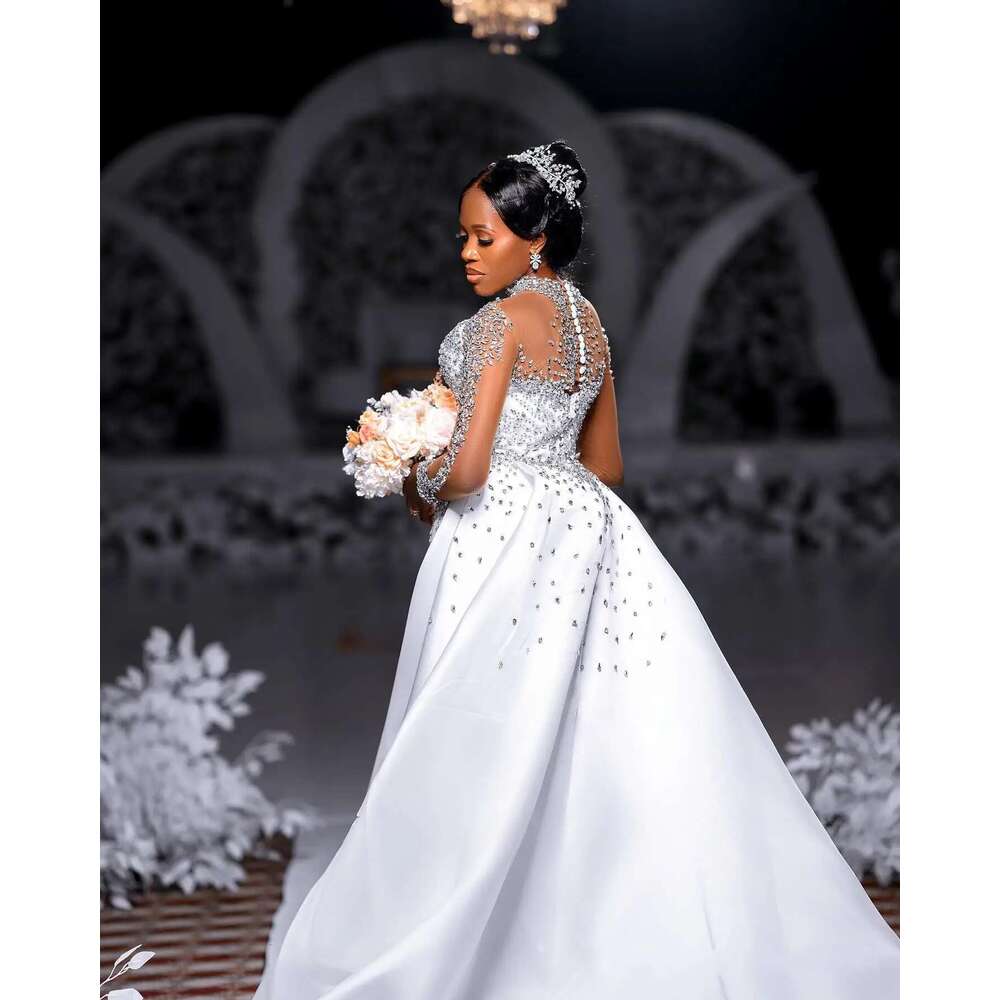 Custom Sparkle Crystals Heavy Beads Mermaid Dress With Removable Satin Skirt Full Sleeves Button Back Wedding Dresses