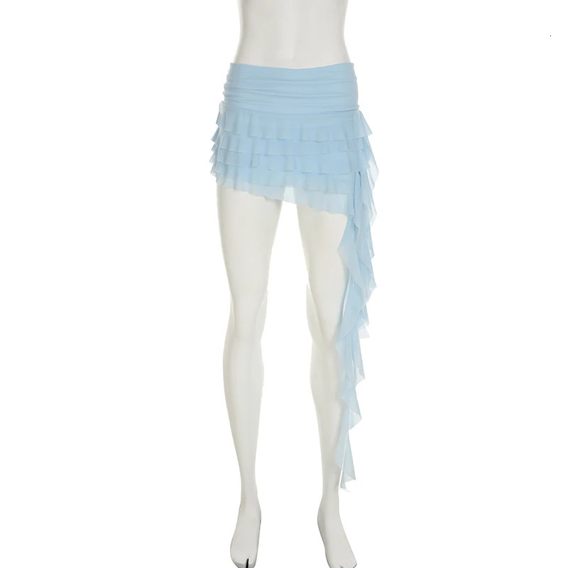 SUCHCUTE Ruffled Mesh Flowing Irregular Skirt Women Beach Vacations Mini Y2k Sexy Allmatch Summer Outfit Grunge Fairycore 250310