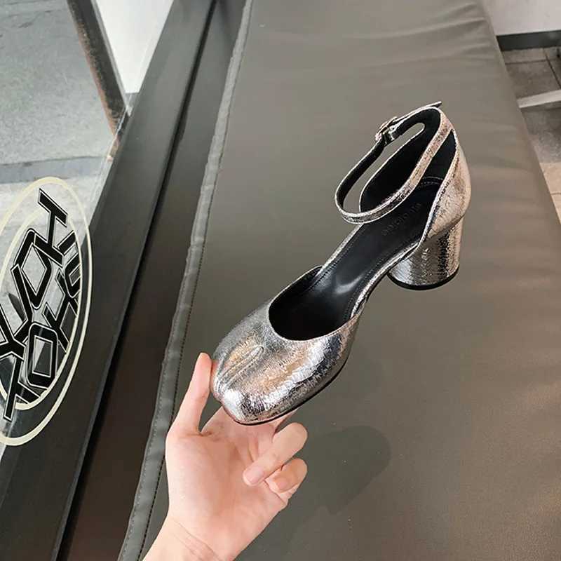 New Arrival Modern Heels Pumps Women Round High Heel Leather Square Split Toe Pumps Shoes Spring Summer Sandals Mary Janes Shoes Heels Women T250315