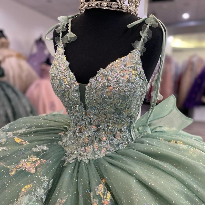 Mexican Sage Green Shiny Charro Quinceanera Dresses Off Shoulder Lace Appliques Beads Corset Party Birthday Sweet 16 Dress Vestido De 15 Anos