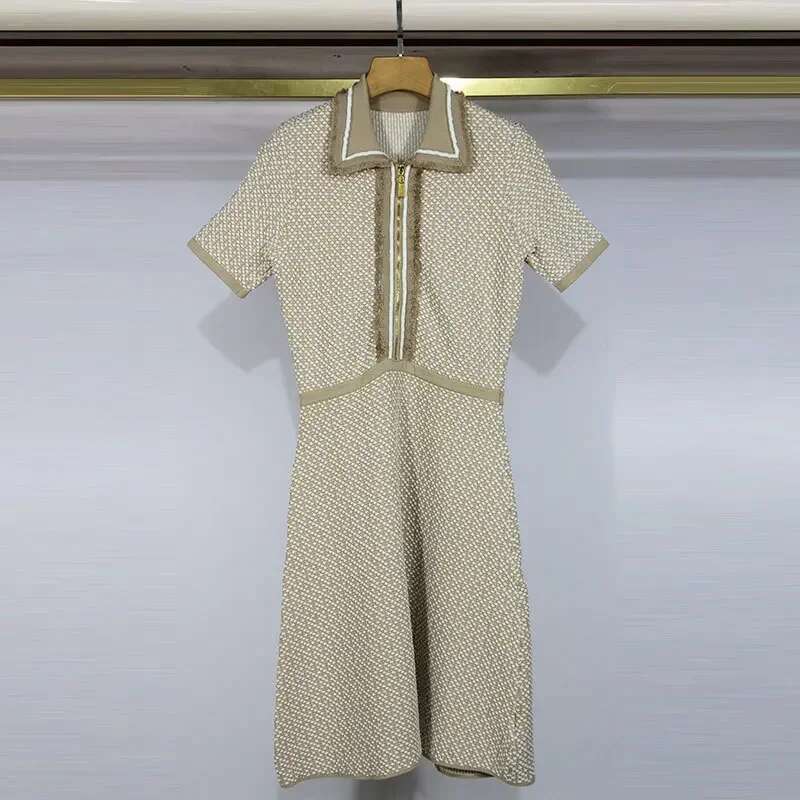 Office Ladies Slim Knit Elegant Short-Sleeved Zipper Comfortable French Brand V-Neck Dress Women