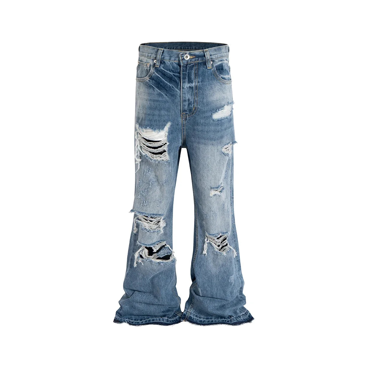 Distressed Vintage Hold Ripped Blue Flare Jeans Pants for Men and Women Streetwear Casual Bag Denim Trousers Oversized Cargos 250313