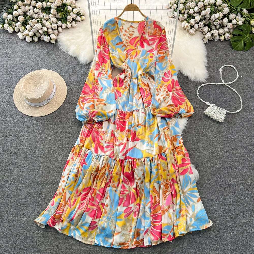 Chic Print Elegant Women Long Sleeve Lace Up Loose Maxi Dress A-E High Waist Holiday Party Female New Autumn Fashion Robe Za