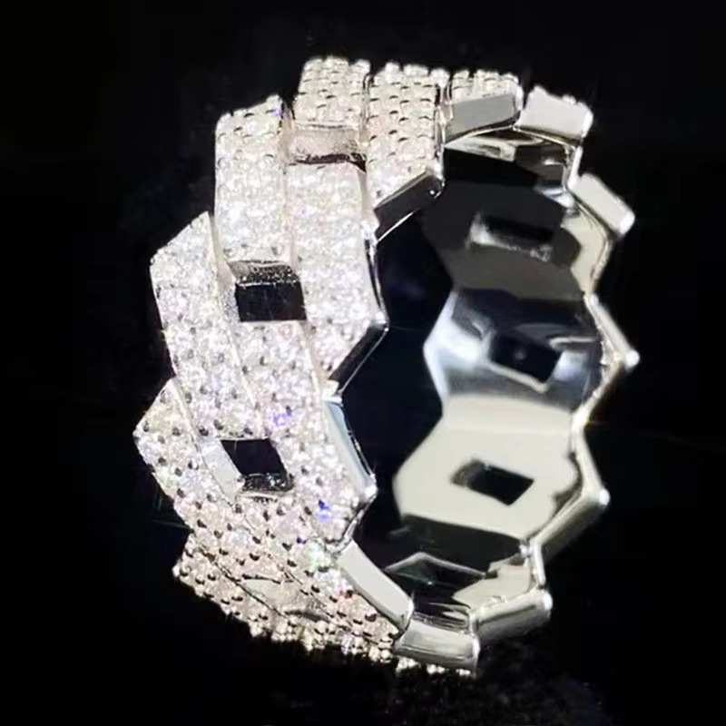 Wholesale Factory Price Moissanite Jewelry 925 Silver Iced Out 2 Row Diamond Cuban Rings Hip Hop Zircon Ring