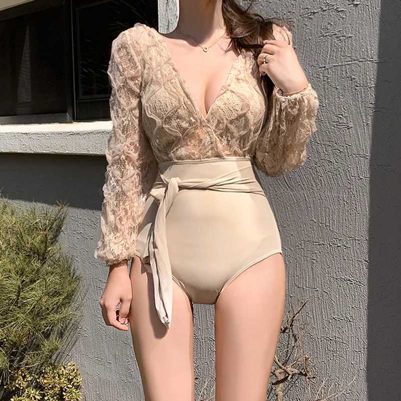 Womens one-piece swimsuit 2022 long seven section slim seaside spa resort swimsuit lace hollow sexy bikini Traje de Ba o MonokiniXJ250315