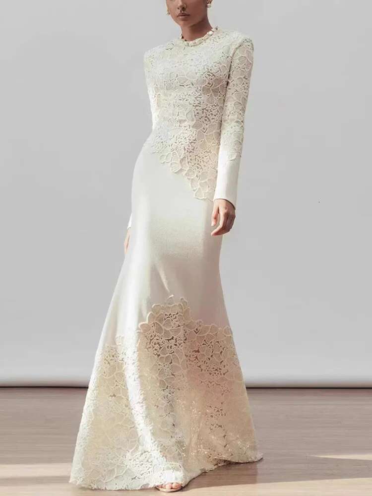 QMQA Fashion Women's Elegant Dresses Hook Wer Hollow Out Long-Sleeve High Waist Fishtail Maxi Dress 2025 Spring New 1A608