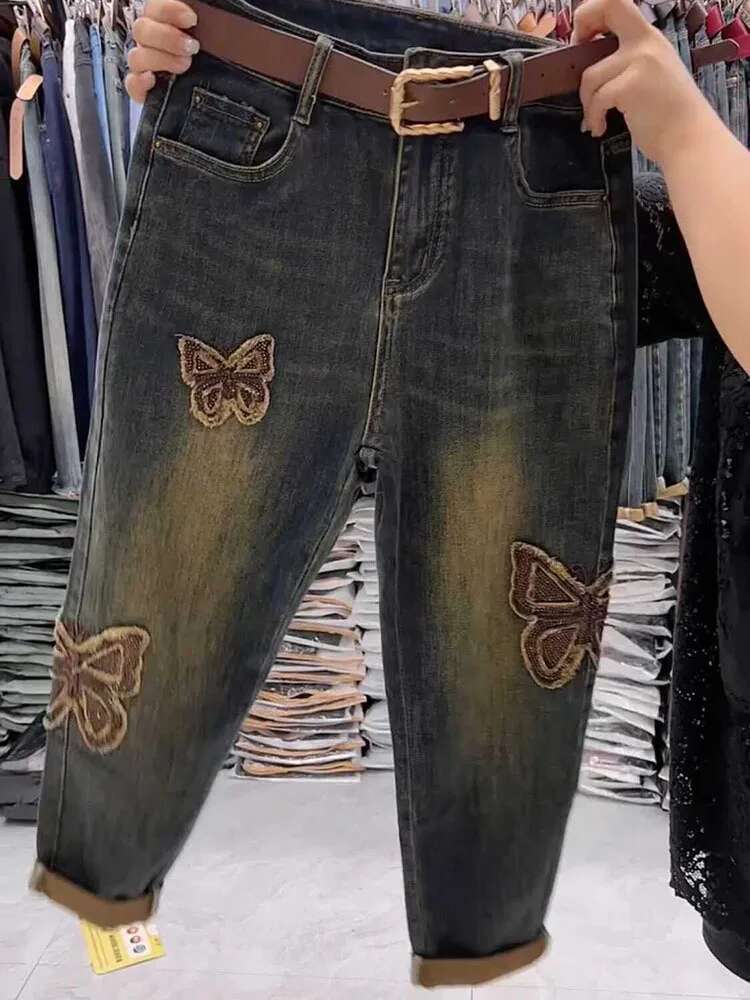 2024 Spring Summer European Goods Heavy Industry Embroidery Dia Butterfly High Waist Thin Straight Wide Leg Trousers Women