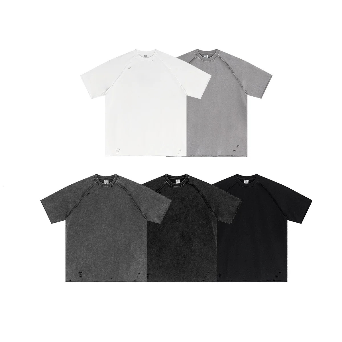 American Washed Worn Streetwear Hip Hop Wax Printing Tshirt Broken Edges Oversized Short Sleeved Mens Hole Cotton 250312
