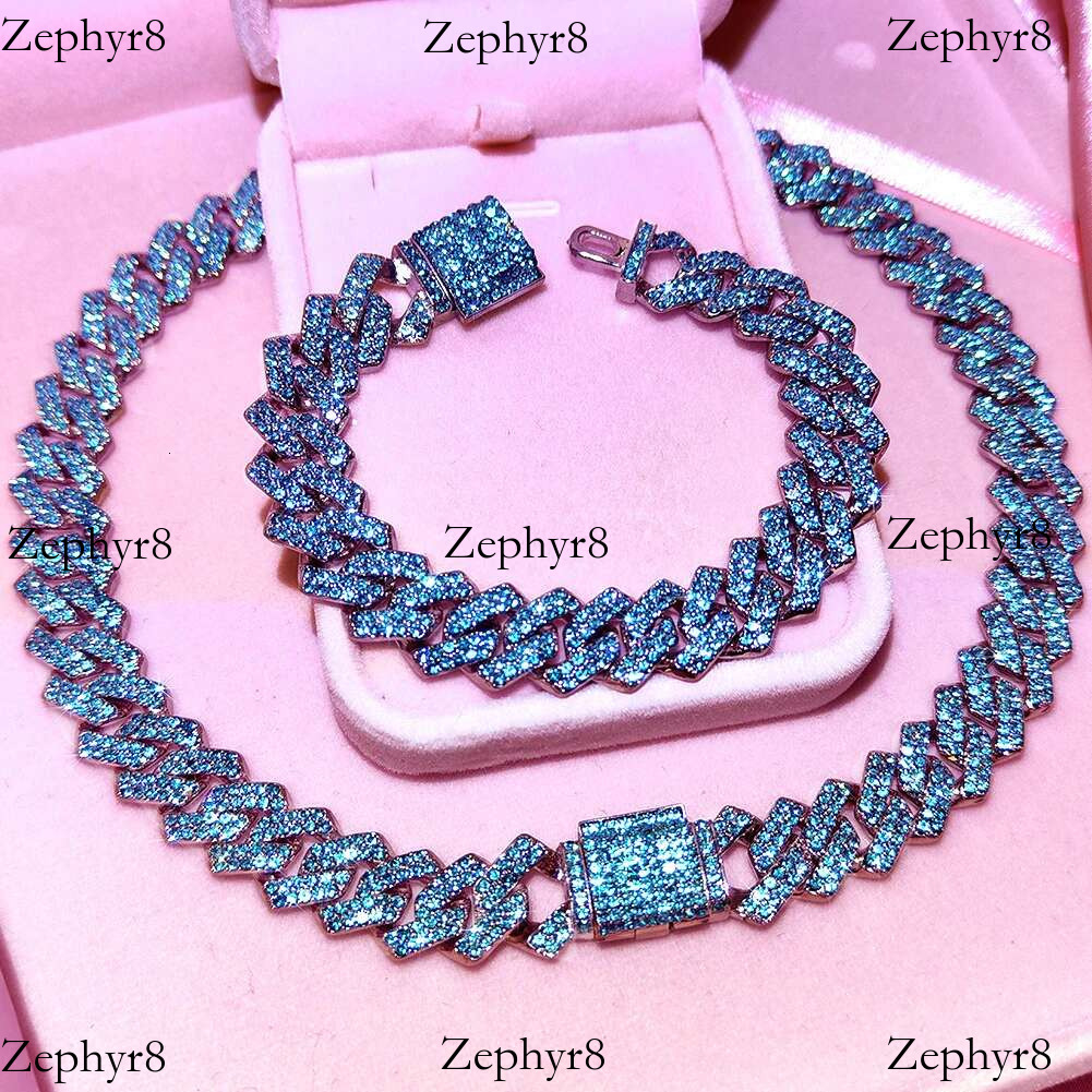Hip Hop Blue AAA Rhie k Necklace For Men Women Punk 14MM Prong Cuban Chain Necklaces Rock Party Jewelry