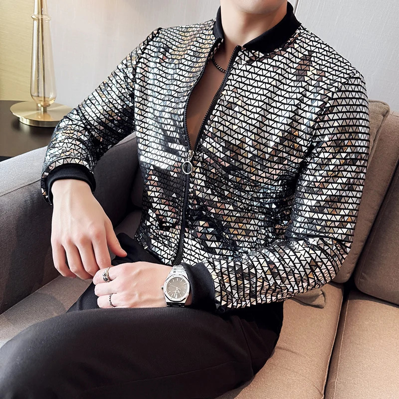 Nightclub style mens fashionable sun protection jacket thin silver sequin stage coat Asian size M5XL 250313