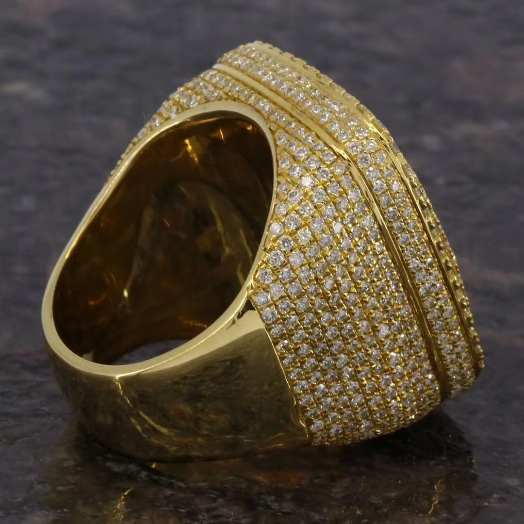 Sparkling Round and Baguette Cut VVs Lab Grown Diamonds Iced Out Hip Hop 10K Yellow Gold Ring for Men